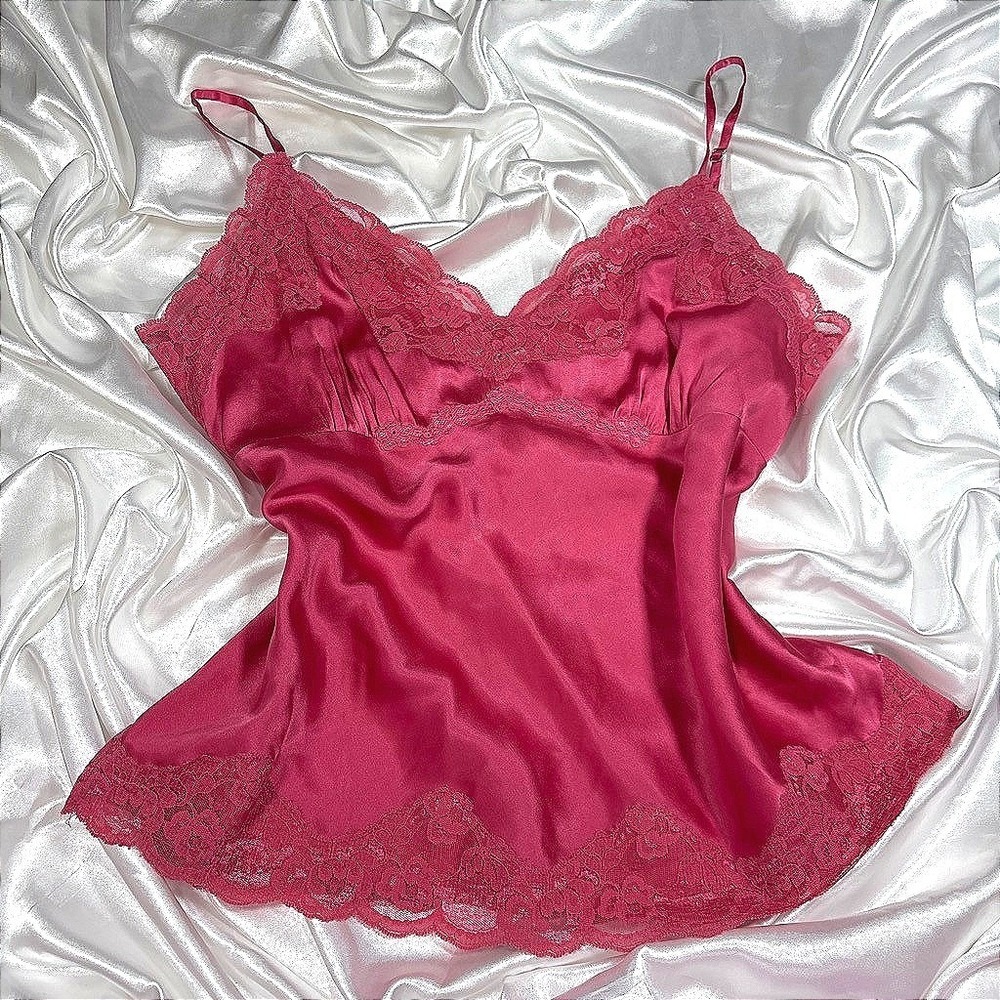 y2k silk lace Cami Top Pink INC International Concepts Adjustable Straps